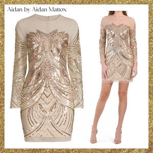 ✨Holiday Dress!✨ New Aidan Mattox Gold illusion Beaded Evening Dress Sz 2